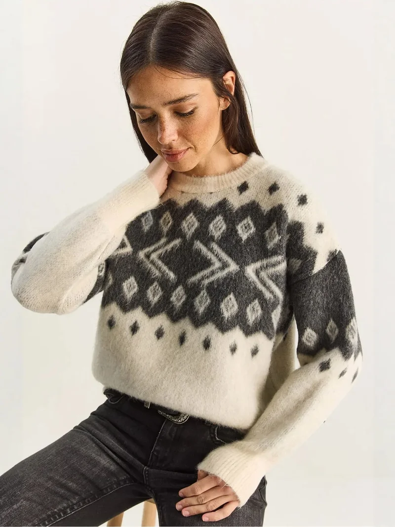 LUCCI Ethnic Pattern Thick Knit Sweater with Crew Neck